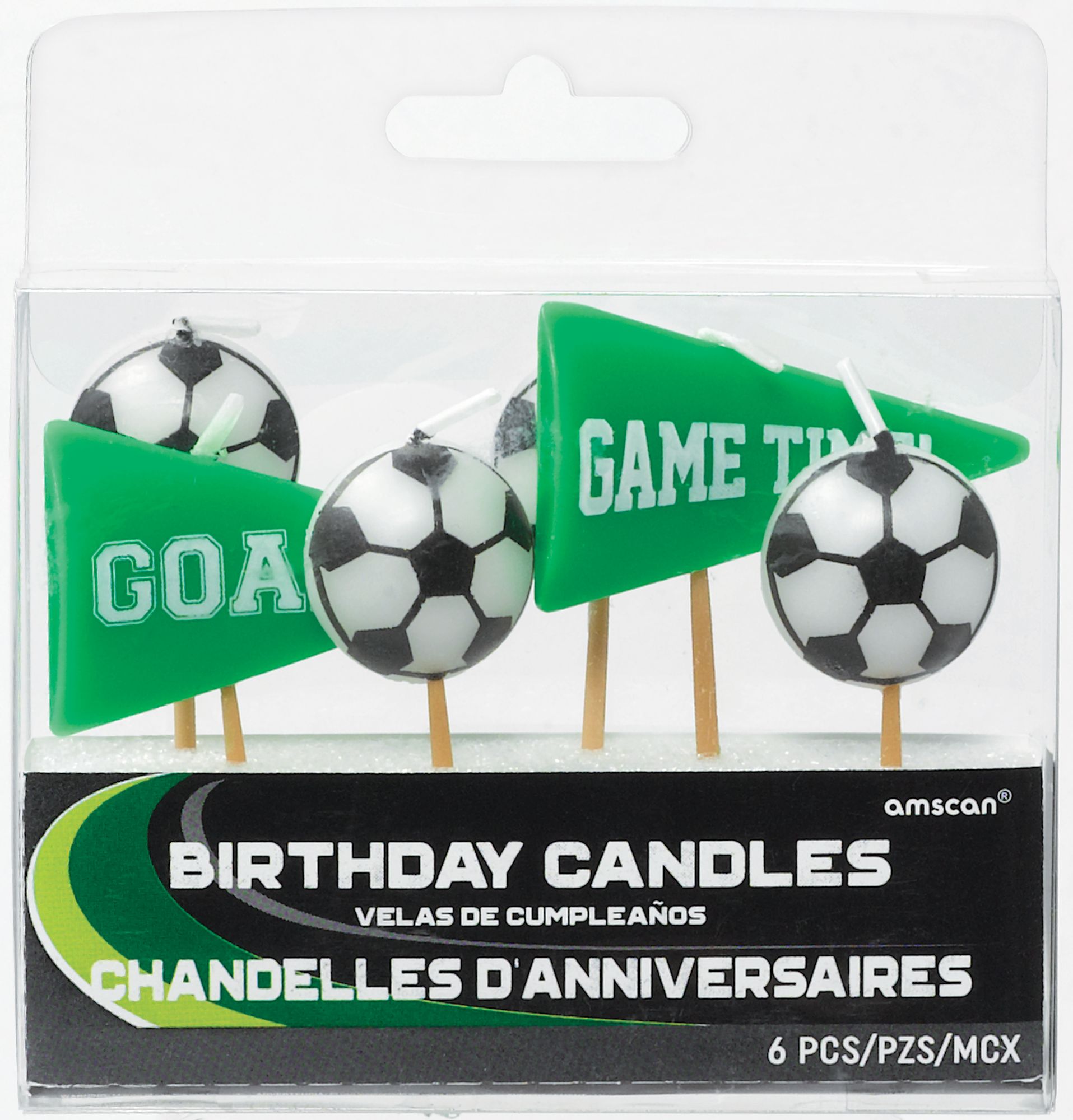 Soccer "Game Time" Wax Candle Set, Green, 3-in, 6-pk, for Sports Party Front_Flat