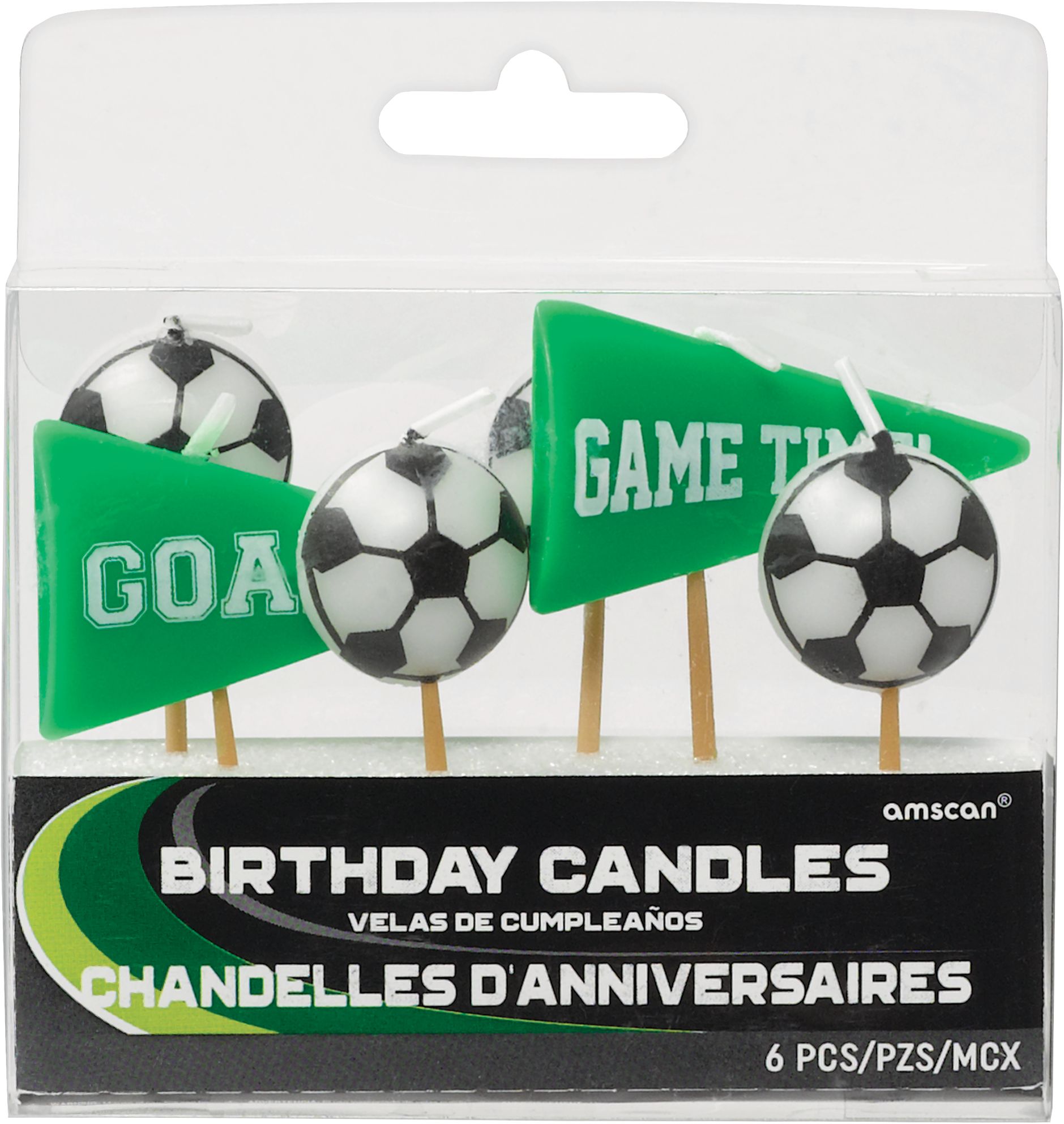 Soccer "Game Time" Wax Candle Set, Green, 3-in, 6-pk, for Sports Party Front_Flat