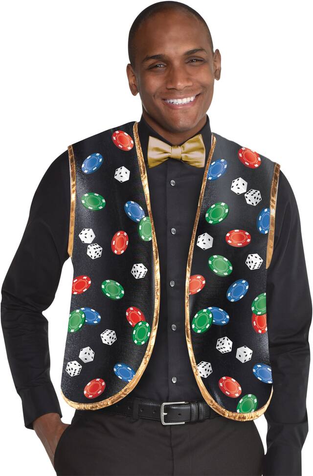 Gilet et noeud papillon croupier de casino Lancez les dés, jetons de poker multicolores, taille universelle, paq. 2, accessoires de costume à porter pour l'Halloween Front_Flat