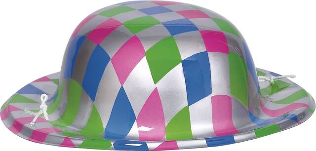Plastic Bowler Hat, Multi-Coloured Checkered, One Size, Wearable Accessory for Halloween Front_Three_Fourths_Angled_Right