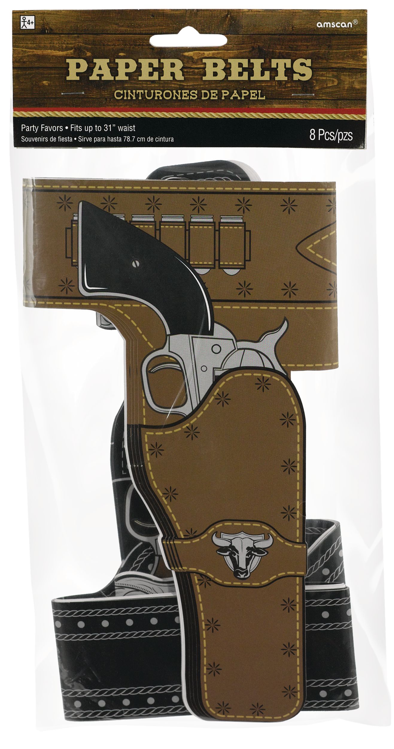 Ceinture en papier western yeehaw avec étuis et pistolets, noir/argenté/doré, 31 po, paq. 8, accessoires de costume à porter pour l'Halloween Front_Flat