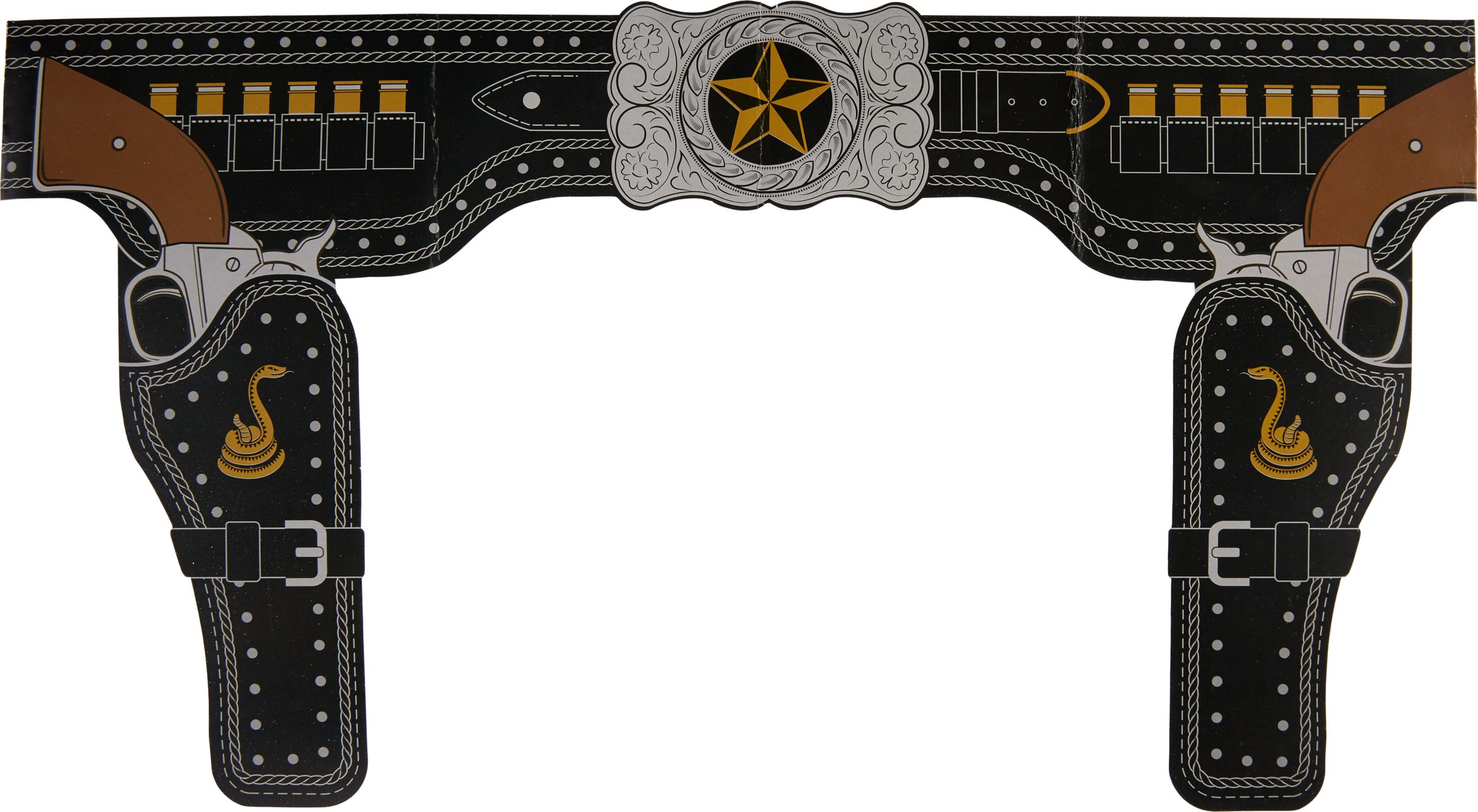 Ceinture en papier western yeehaw avec étuis et pistolets, noir/argenté/doré, 31 po, paq. 8, accessoires de costume à porter pour l'Halloween Front_Flat