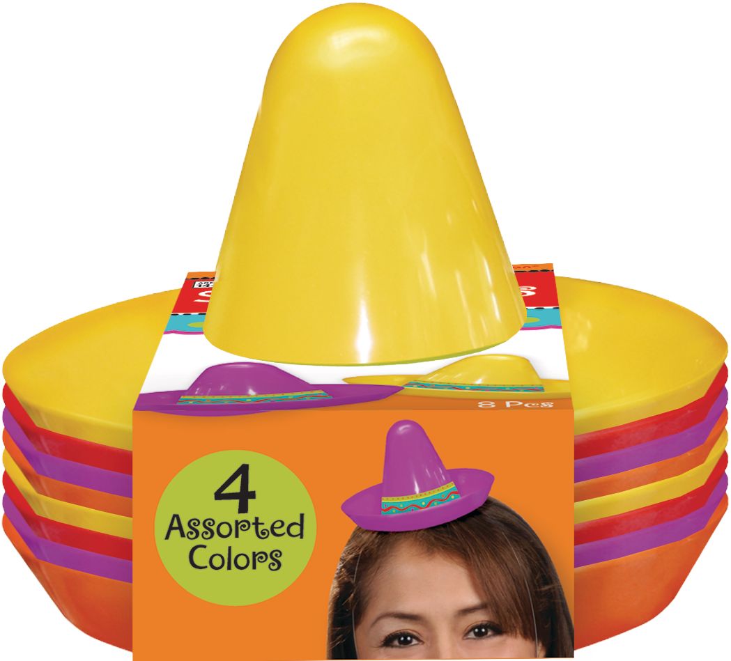 Fiesta Mini Plastic Sombrero Hats, Multi-Coloured, One Size, 8-pk, Wearable Costume Accessory for Halloween Front_Flat