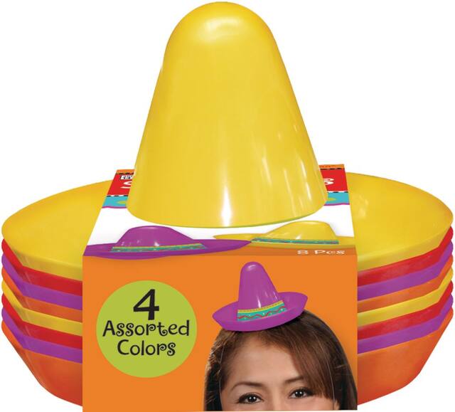 Fiesta Mini Plastic Sombrero Hats, Multi-Coloured, One Size, 8-pk, Wearable Costume Accessory for Halloween Front_Flat