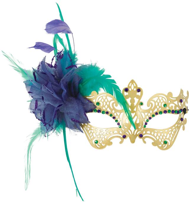 Filigree Feather Masquerade Mask, Gold/Green/Purple Front_Flat