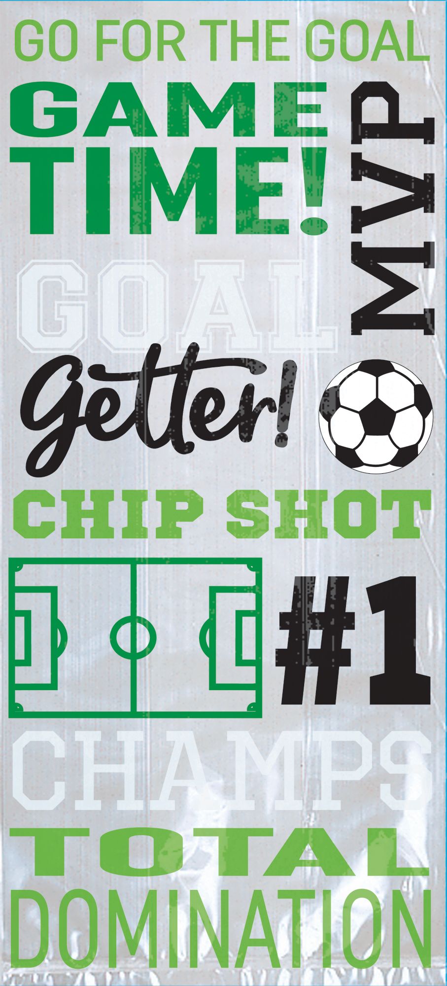 Soccer "Goal Getter" Rectangle Cello Treat Party Bags, Clear/Green, 11-in, 20-pk, for Sports Party Front_Flat