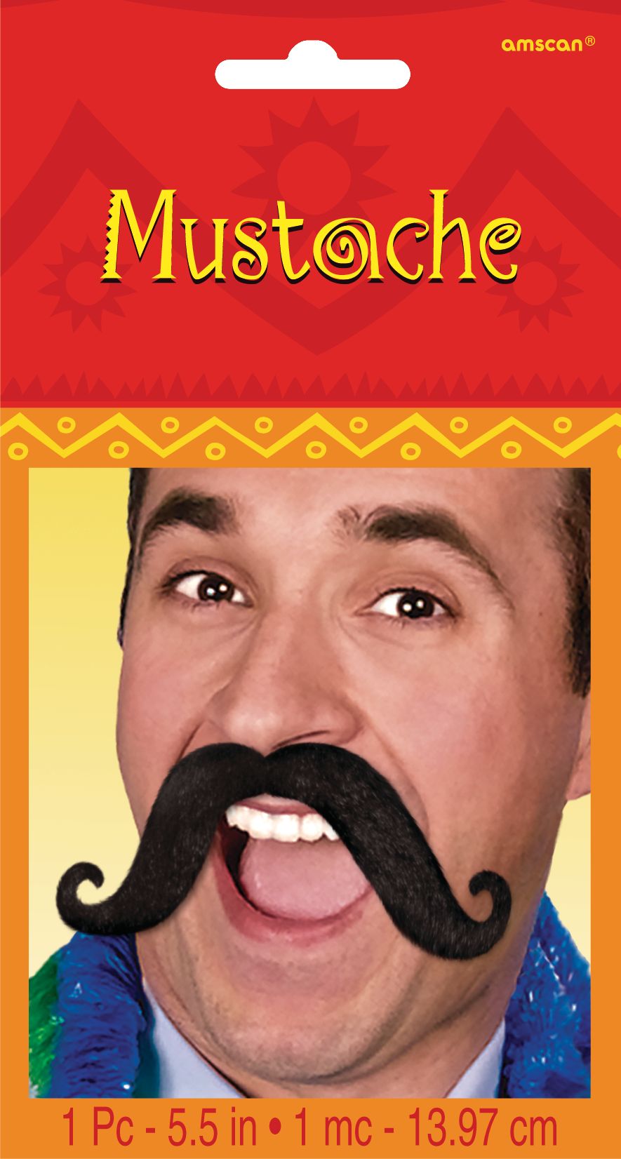 Long Handlebar Fake Moustache, Black, One Size, Wearable Costume Accessory for Halloween Front_Flat