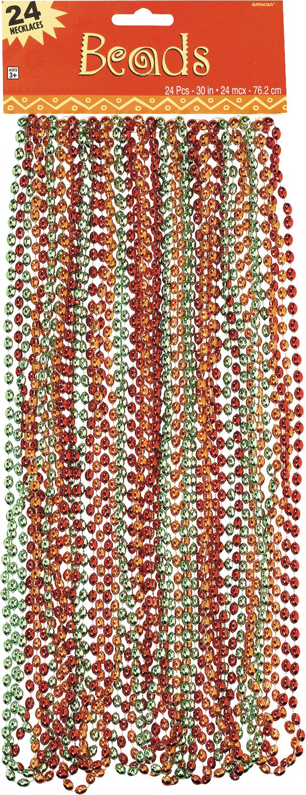 Beaded Necklaces Jewelry, Red/Orange/Green, 17-in, 24-pk, Wearable Costume Accessories for Halloween Front_Flat