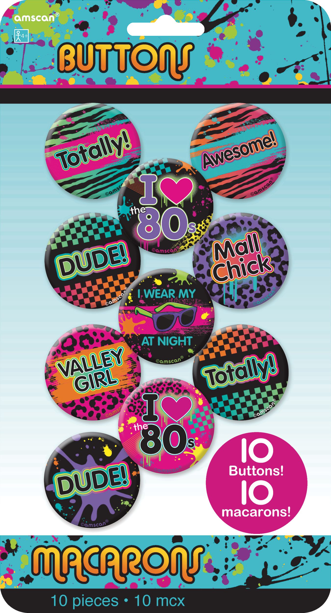 Totally 80s Buttons, 10-pk Front_Flat