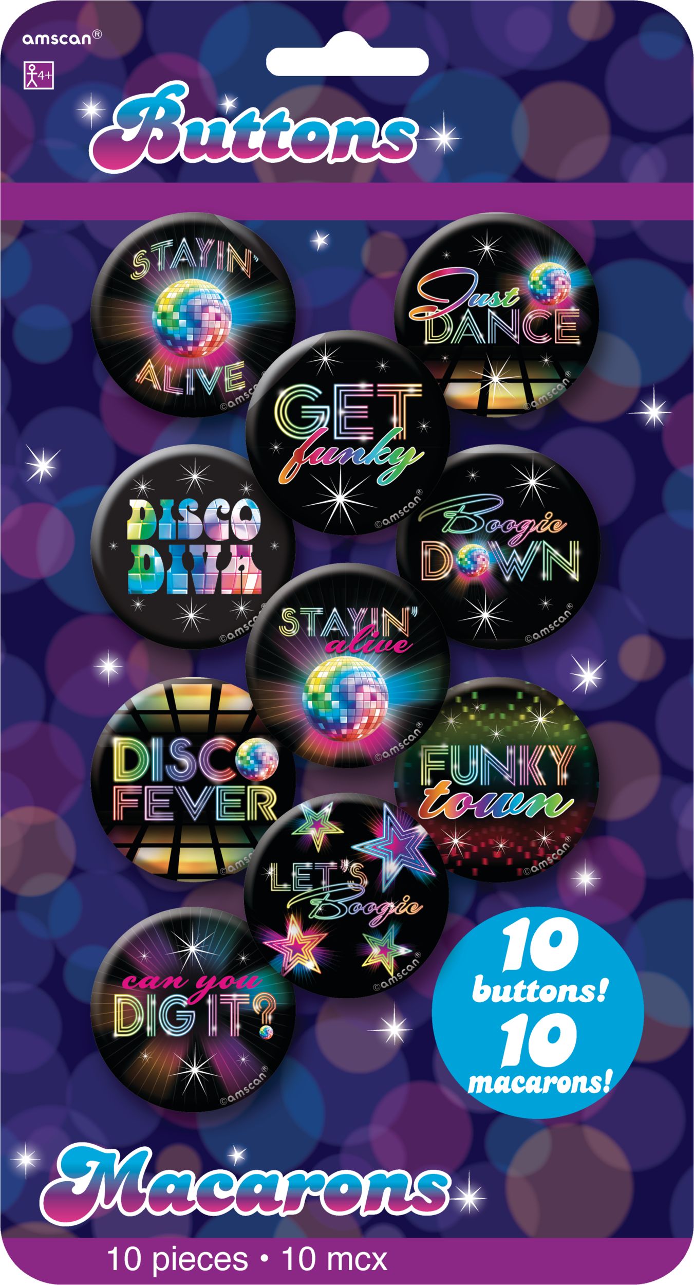 1970s "Disco Fever" Phrased Buttons, Black Multi-Coloured, One Size, 10-pk, Wearable Costume Accessories for Halloween Front_Flat