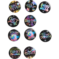 1970s "Disco Fever" Phrased Buttons, Black Multi-Coloured, One Size, 10-pk, Wearable Costume Accessories for Halloween Front_Flat