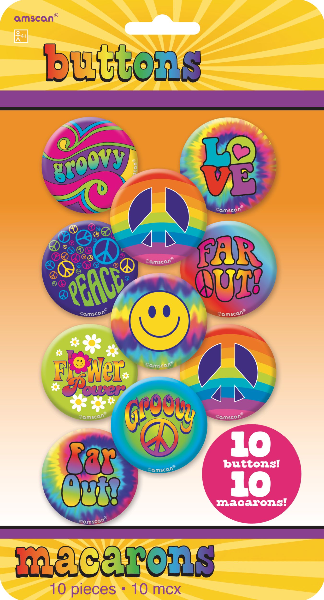 Tie-Dye 60s Buttons, 10-pk Front_Flat