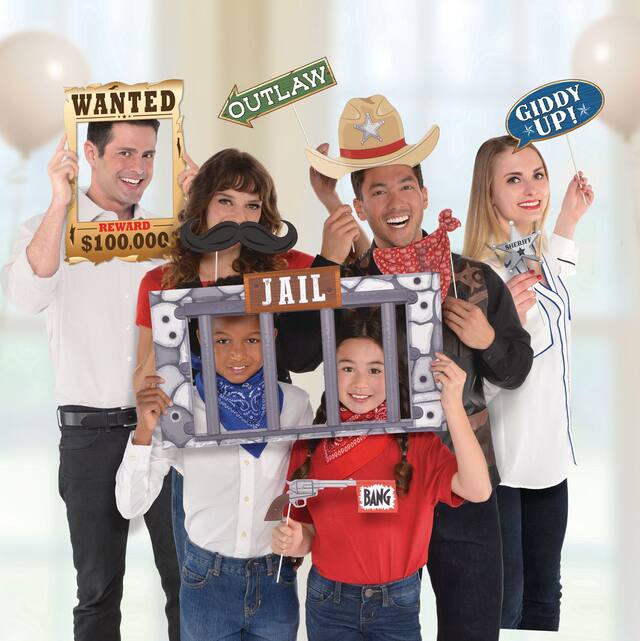 Western "Wanted" Photo Booth Sign Props, Brown, 17-in, 12-pk, for Cowboy/Western Party Front_Flat