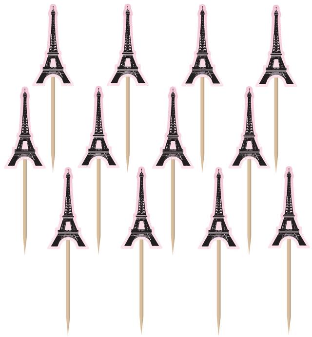 A Day in Paris Eiffel Tower Paper Party Picks, Pink/Black, 2.5-in, 36-pk, for Birthday Party Front_Flat