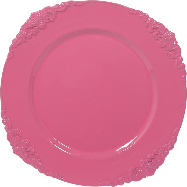 Round Plastic Reusable Scroll Charger Plate, Pink, 13-in, for Easter/Baby Shower/Gender Reveal Overhead_Flat