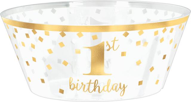 Metallic Confetti 1st Birthday Serving Bowl, Clear/Gold Front_Elevated