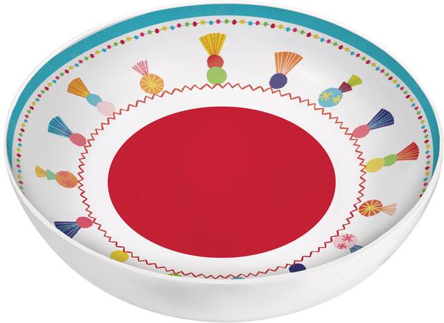 Fiesta Round Plastic Reusable Serving Bowl, Red/Blue, 13-in, for Cinco de Mayo/Fiesta/Summer Party Front_Elevated