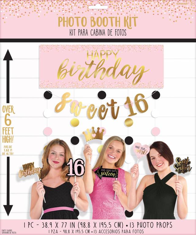 "Happy Birthday" Plastic Scene Setter Background Decoration with Photo Booth Props, Gold/Pink, 77-in, 14-pk, for Birthday Party Front_Flat