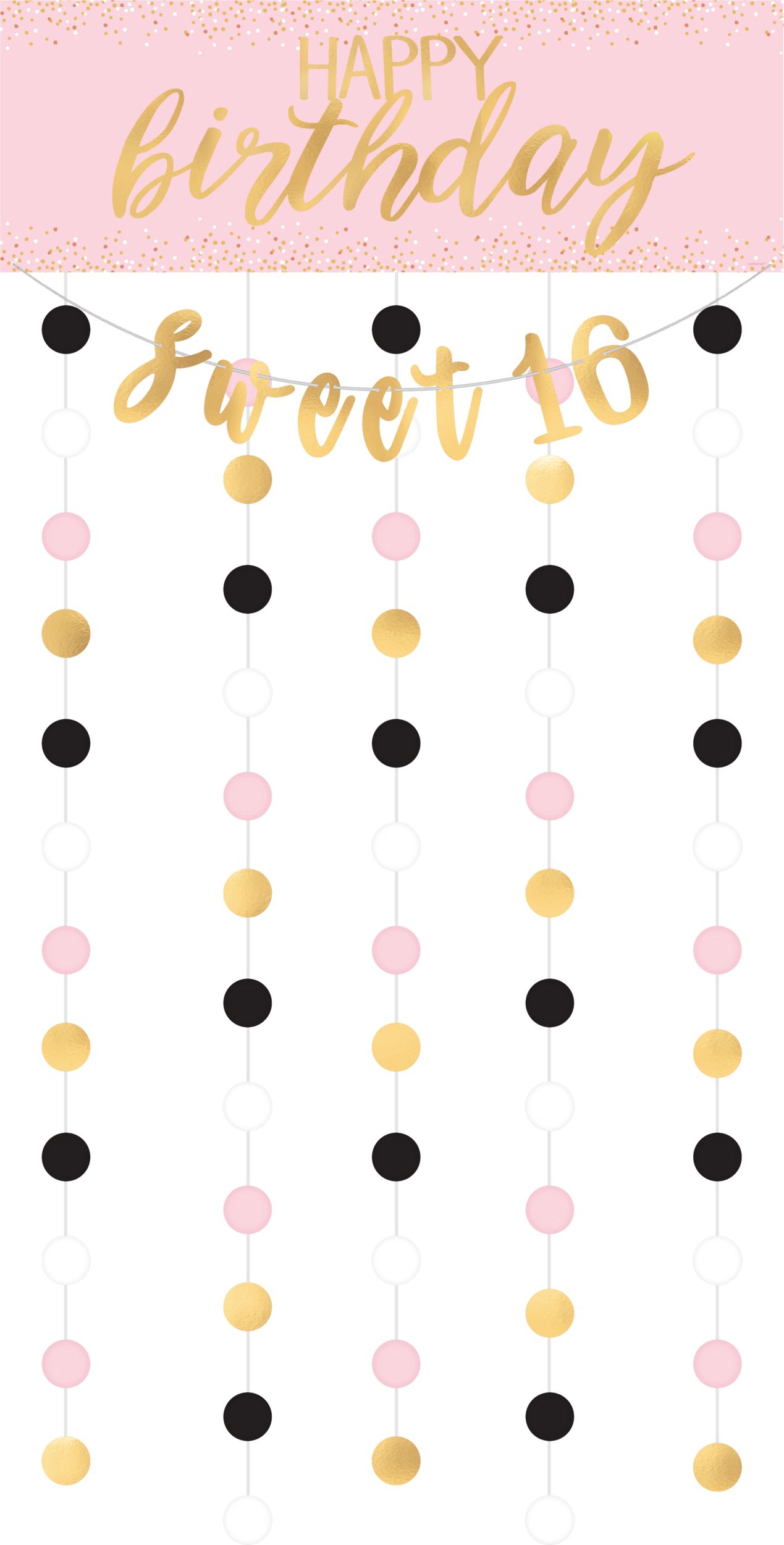 "Happy Birthday" Plastic Scene Setter Background Decoration with Photo Booth Props, Gold/Pink, 77-in, 14-pk, for Birthday Party Front_Flat