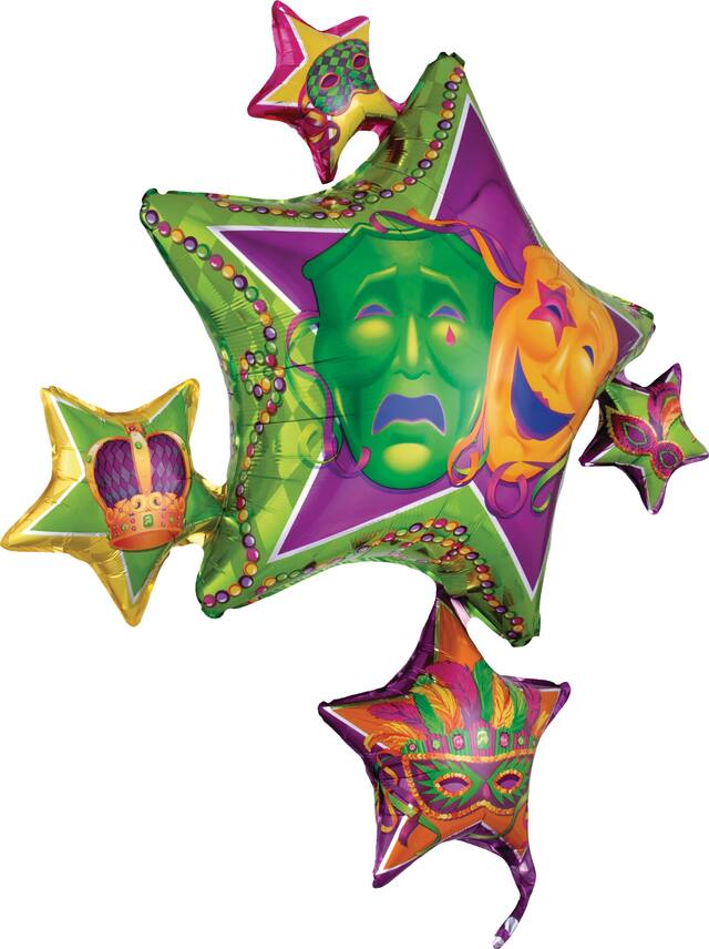 Ballon en aluminium avec étoiles mardi gras, gonflage à l’hélium inclus, violet/vert/jaune, 35&nbsp;po Front_Angled_Right