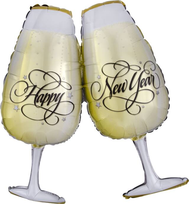 "Happy New Year" Champagne Glasses Satin Foil Balloon, Gold/White, 30-in, Helium Inflation & Ribbon Included for New Year's Eve Composite_or_Mixed