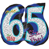 "Oh No The Big 65" Round Satin Foil Balloon, Blue/Silver, 27-in, Helium Inflation & Ribbon Included for Birthday Party Front_Flat