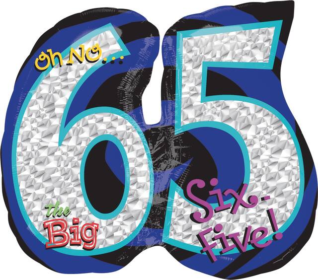 Ballon en aluminium satiné rond Oh No the Big 65, bleu/argent, 27 po, gonflement à l'hélium et ruban inclus, pour fête d'anniversaire Front_Flat