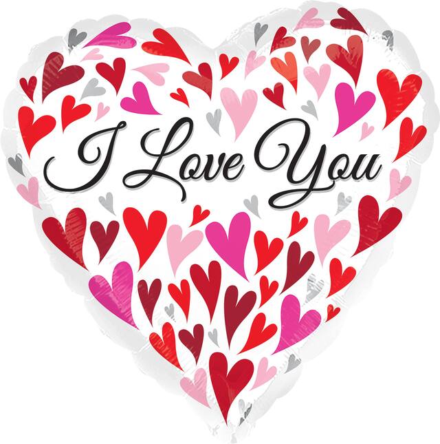 Ballon en aluminium cœurs flottants I Love You pour anniversaire/Saint-Valentin, gonflage à l’hélium inclus, 28 po Front_Flat