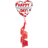 Ballon en aluminium satiné Happy Valentine's Day avec queue à franges, coeur, rouge/blanc, 36 po, gonflement à l'hélium et ruban inclus, pour Saint-Valentin Front_Flat