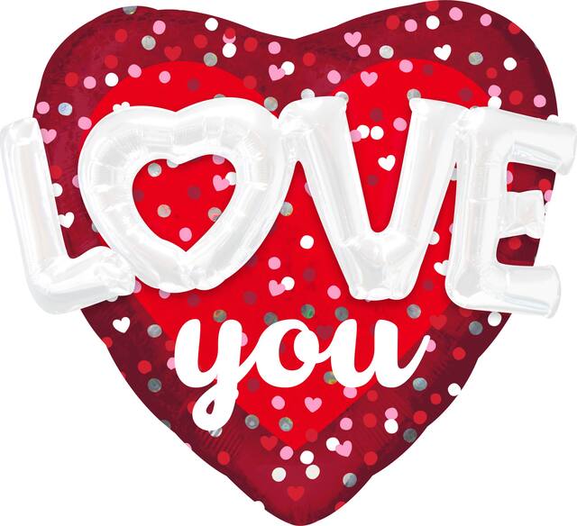 Ballon en aluminium satiné Love You 3D, coeur, rouge/blanc, à pois, 36 po, gonflement à l'hélium et ruban inclus, pour Saint-Valentin/anniversaire Front_Flat
