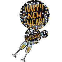 "Happy New Year" Round Satin Foil Balloon, Gold/Black, Polka Dot, 46-in, Helium Inflation & Ribbon Included for New Year's Eve Front_Flat