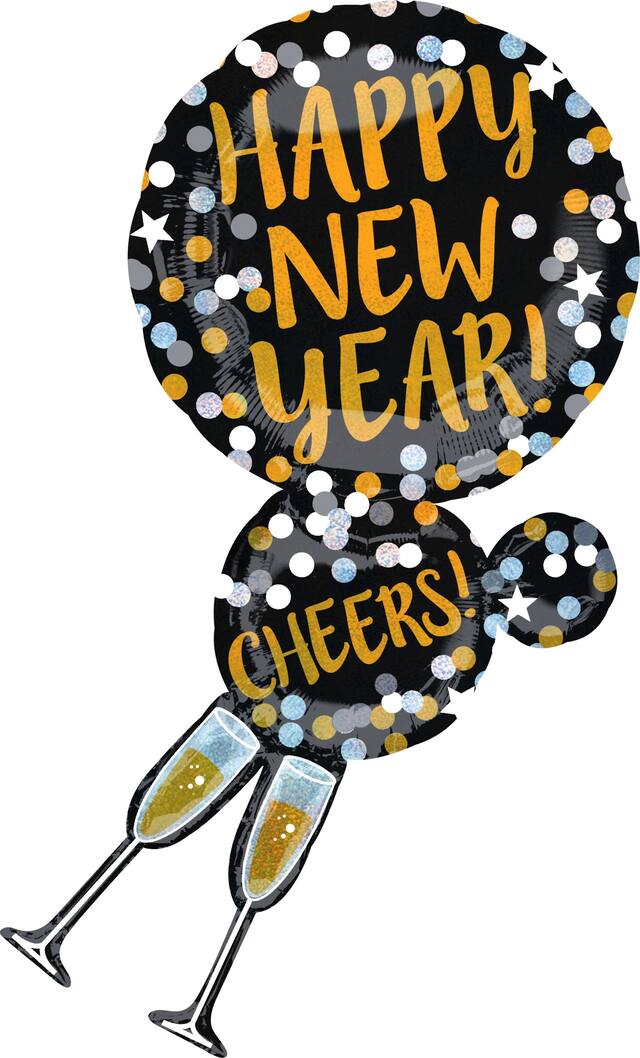 "Happy New Year" Round Satin Foil Balloon, Gold/Black, Polka Dot, 46-in, Helium Inflation & Ribbon Included for New Year's Eve Front_Flat