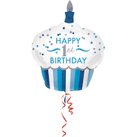 Ballon en aluminium satiné petit gâteau Happy 1st Birthday, bleu/blanc, 36 po, gonflement à l'hélium et ruban inclus, pour fête d'anniversaire Front_Flat