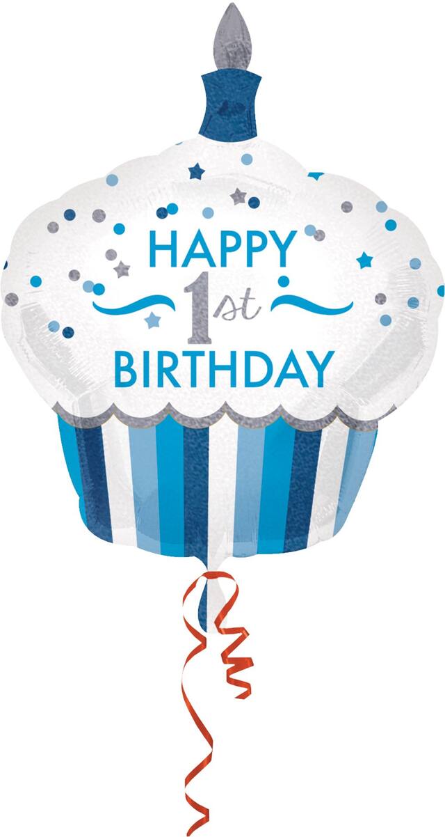"Happy 1st Birthday" Cupcake Satin Foil Balloon, Blue/White, 36-in, Helium Inflation & Ribbon Included for Birthday Party Front_Flat