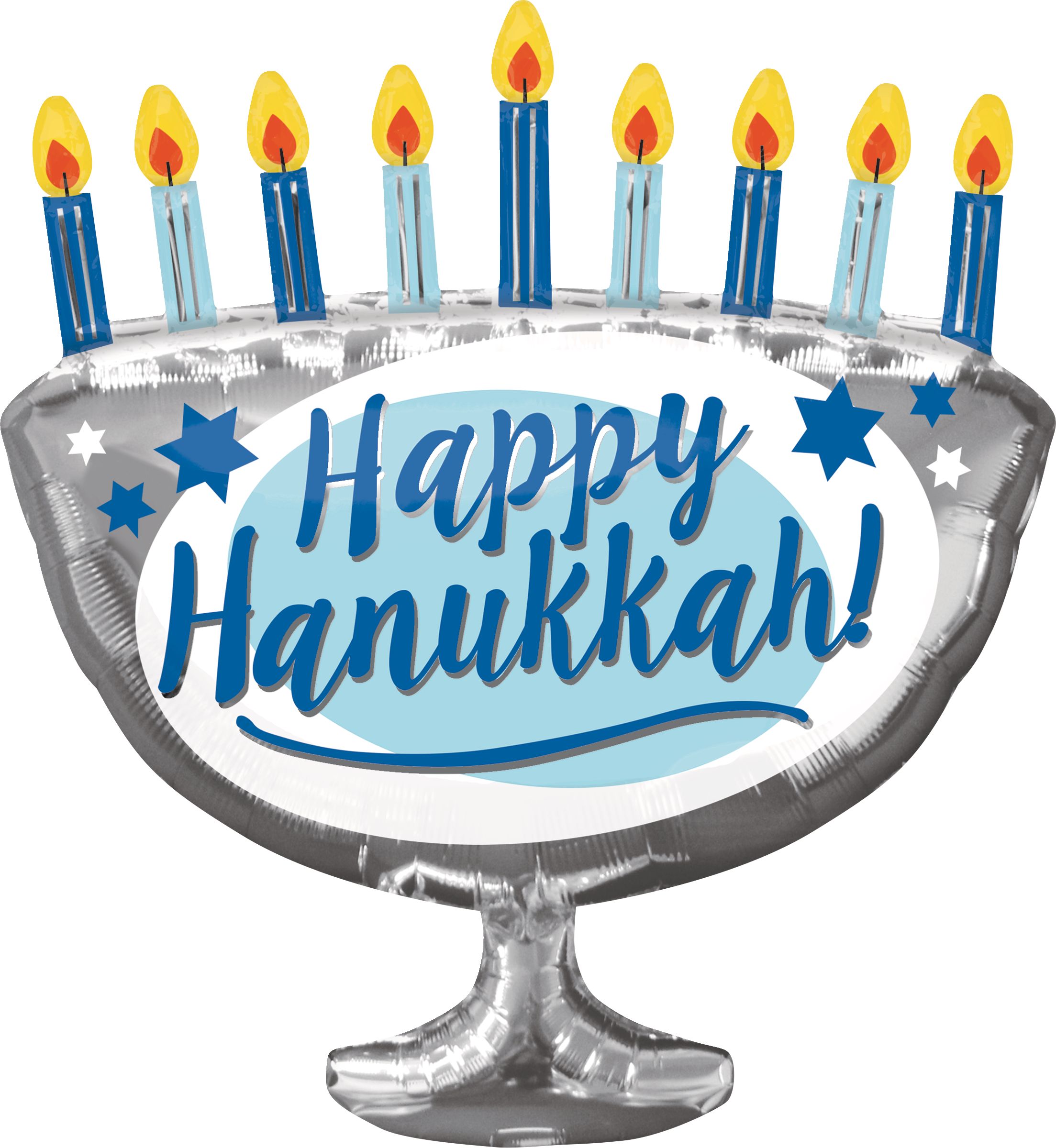 Ballon en aluminium satiné ménorah Happy Hanukkah, bleu/argent, 26 po, gonflement à l'hélium et ruban inclus, pour Hanoukka Front_Flat