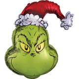 Ballon en aluminium satiné rond Dr. Seuss Le Grincheux, vert/rouge, 26 po, gonflement à l'hélium et ruban inclus, pour Noël Front_Flat