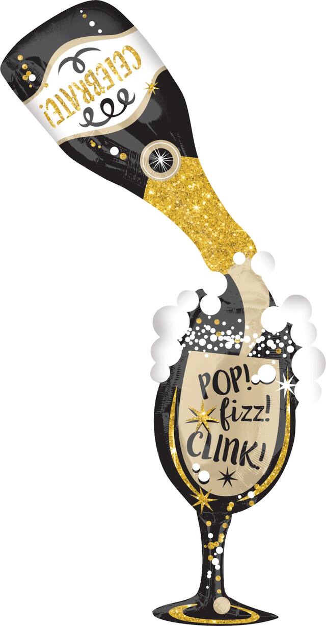 "Pop Fizz Clink" Champagne Bottle & Wine Glass Satin Foil Balloon, Gold/Black, 70-in, Helium Inflation & Ribbon Included for New Year's Eve Front_Flat