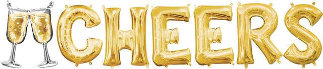 Air-Filled Champagne Glass & Cheers Letter Balloon Kit, Gold, 7-pc Front_Flat