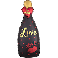 Ballon en aluminium satiné bouteille de champagne Be Mine, noir/or, 35 po, gonflement à l'hélium et ruban inclus, pour Saint-Valentin Front_Flat