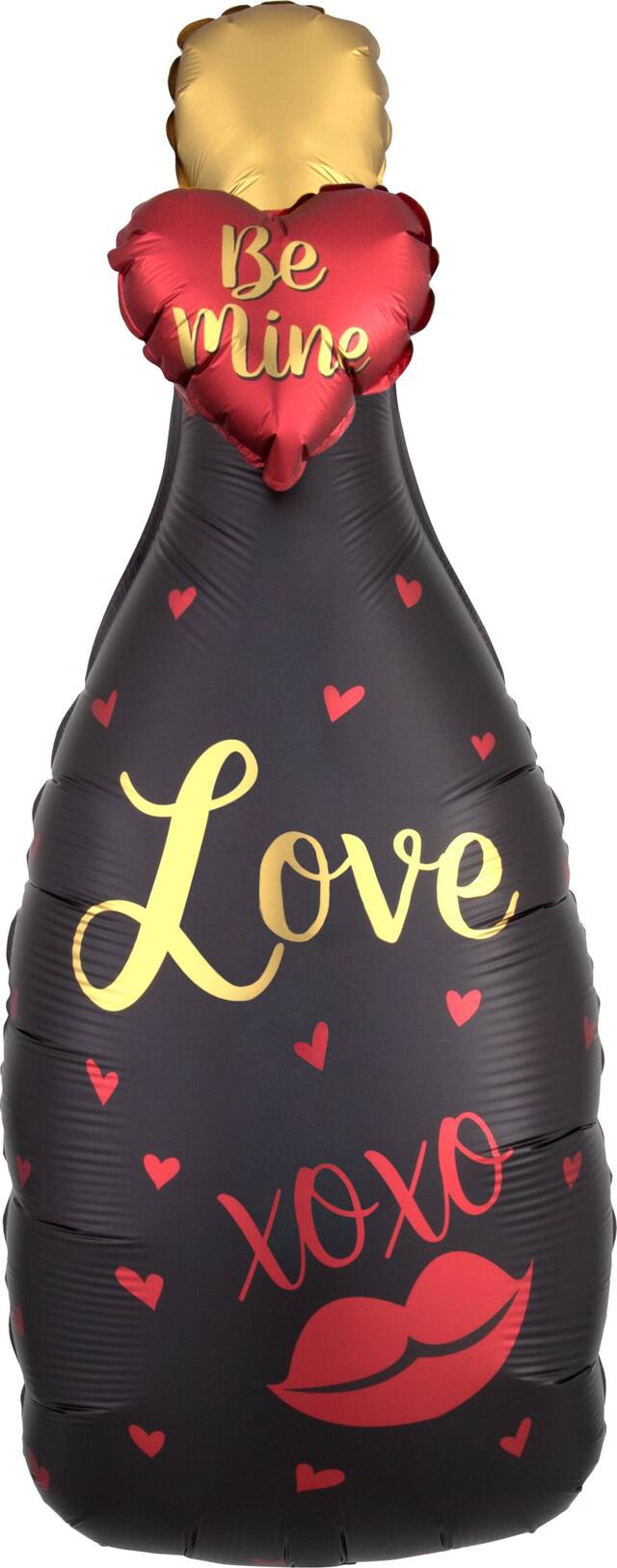 Ballon en aluminium satiné bouteille de champagne Be Mine, noir/or, 35 po, gonflement à l'hélium et ruban inclus, pour Saint-Valentin Front_Flat