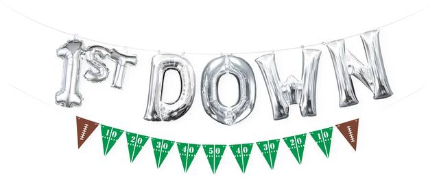 Air-Filled 1st Down Letter Balloons with Football Pennant Banner for Superbowl/Sports Party, Silver, 7-pc Front_Flat