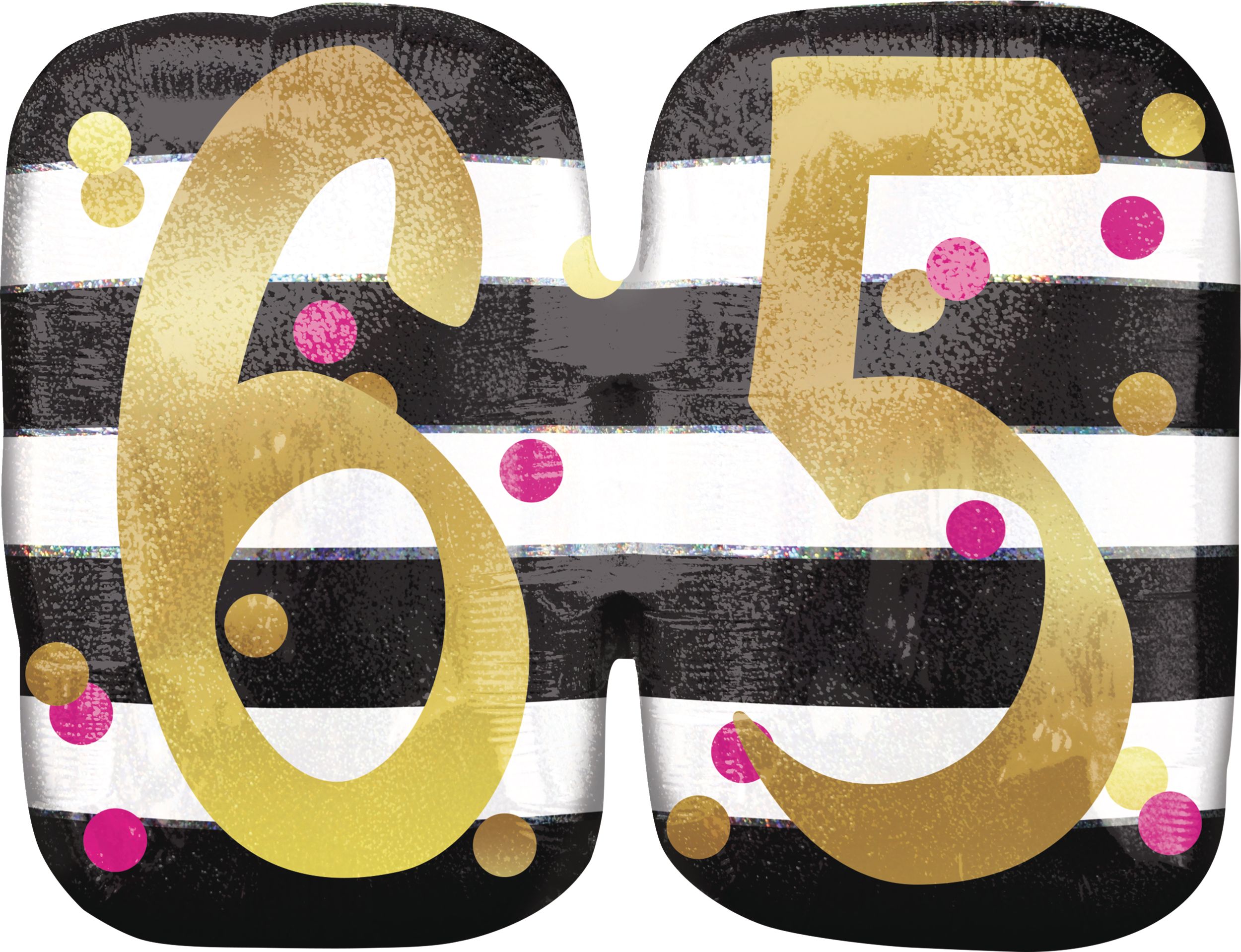 Ballon en aluminium satiné rond or et rose prismatique 65, noir/blanc, rayé, 25 po, gonflement à l'hélium et ruban inclus, pour fête d'anniversaire Front_Flat