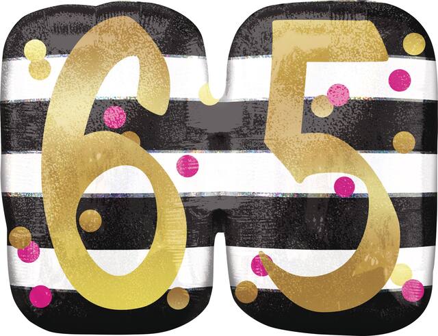 Ballon en aluminium satiné rond or et rose prismatique 65, noir/blanc, rayé, 25 po, gonflement à l'hélium et ruban inclus, pour fête d'anniversaire Front_Flat