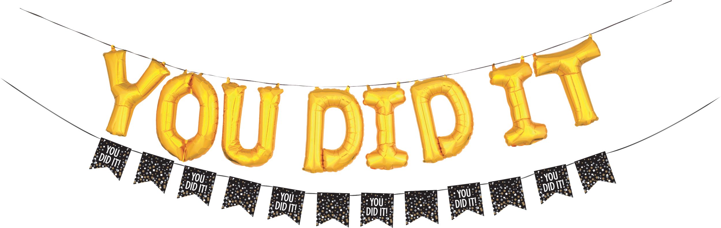 Air-Filled "You Did It" Letter Foil Graduation Balloons with Pennant Banner, Gold, 13-in Front_Flat