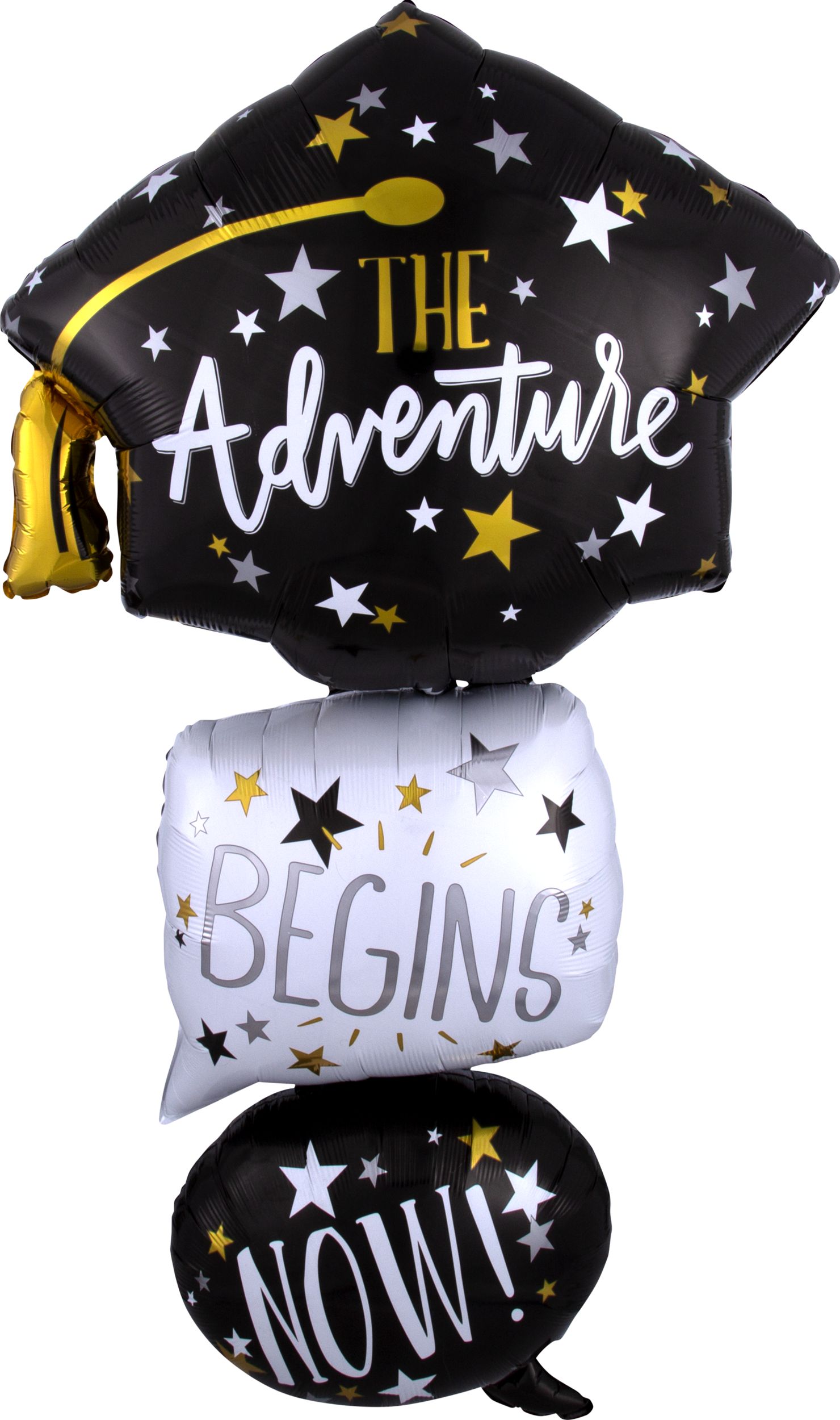 Ballon en aluminium satiné superposé mortier The Adventure Begins Now, noir/blanc, étoile, 61 po, gonflement à l'hélium et ruban inclus, pour remise des diplômes Front_Flat