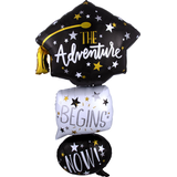 "The Adventure Begins Now" Graduation Cap Satin Stacked Foil Balloon, Black/White, Star, 61-in, Helium Inflation & Ribbon Included for Graduation Front_Flat