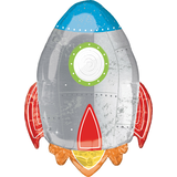 Blast Off Rocket Ship Satin Foil Balloon, Silver, 29-in, Helium Inflation & Ribbon Included for Birthday Party Front_Flat