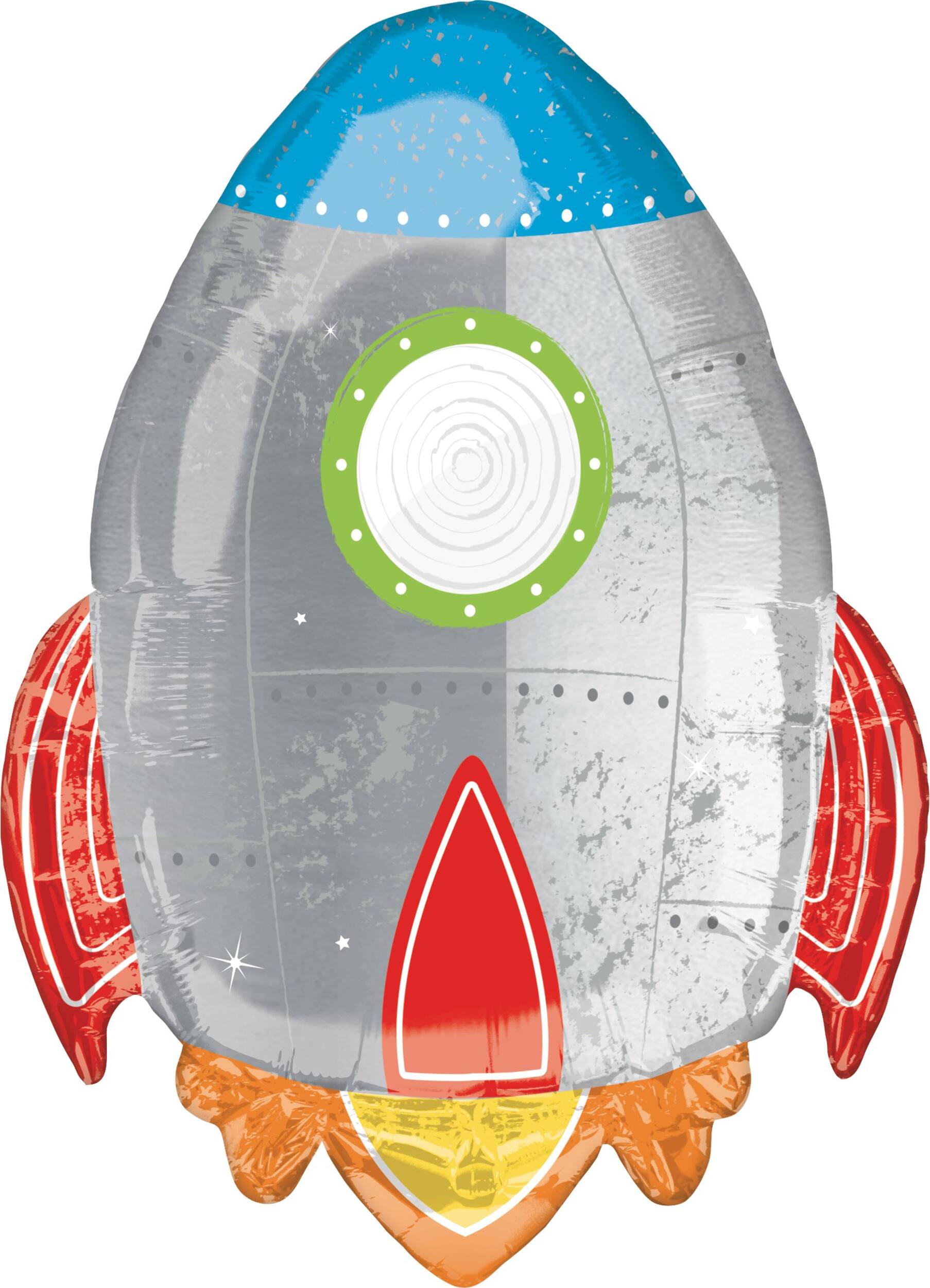 Blast Off Rocket Ship Satin Foil Balloon, Silver, 29-in, Helium Inflation & Ribbon Included for Birthday Party Front_Flat