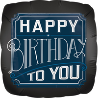 Ballon en aluminium classique « Happy Birthday », gonflage d’hélium inclus, noir/bleu/blanc, 28 po Front_Flat