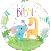 Elephant & Giraffe  "Hello Baby" Round Satin Foil Balloon, Multi-Colour, 28-in, Helium Inflation & Ribbon Included for Baby Shower Front_Flat